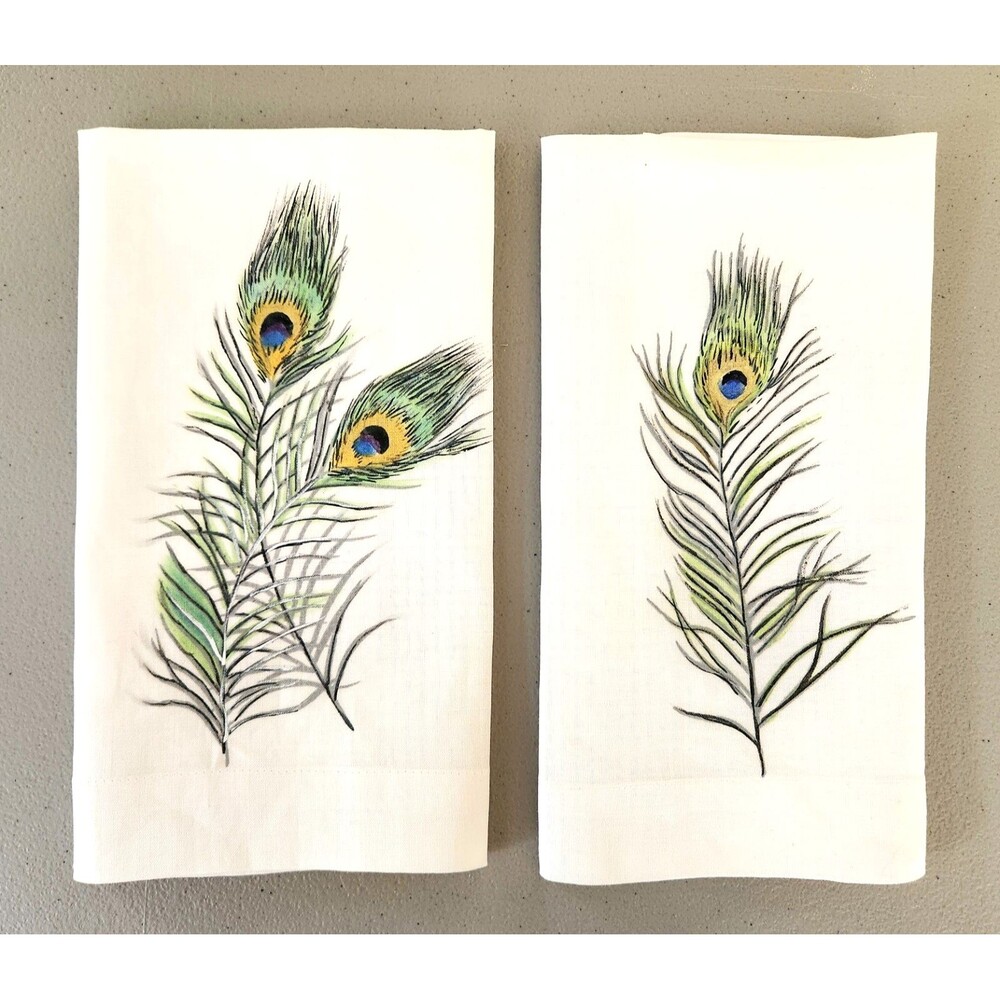2 VTG Guest Fingertip Tea Towels Hand Painted Peacock Feathers Cottagecore #02